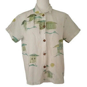 Hot Cotton Beachy Cabana Button Front Blouse Blue Green Gauzy Size‎ Medium
